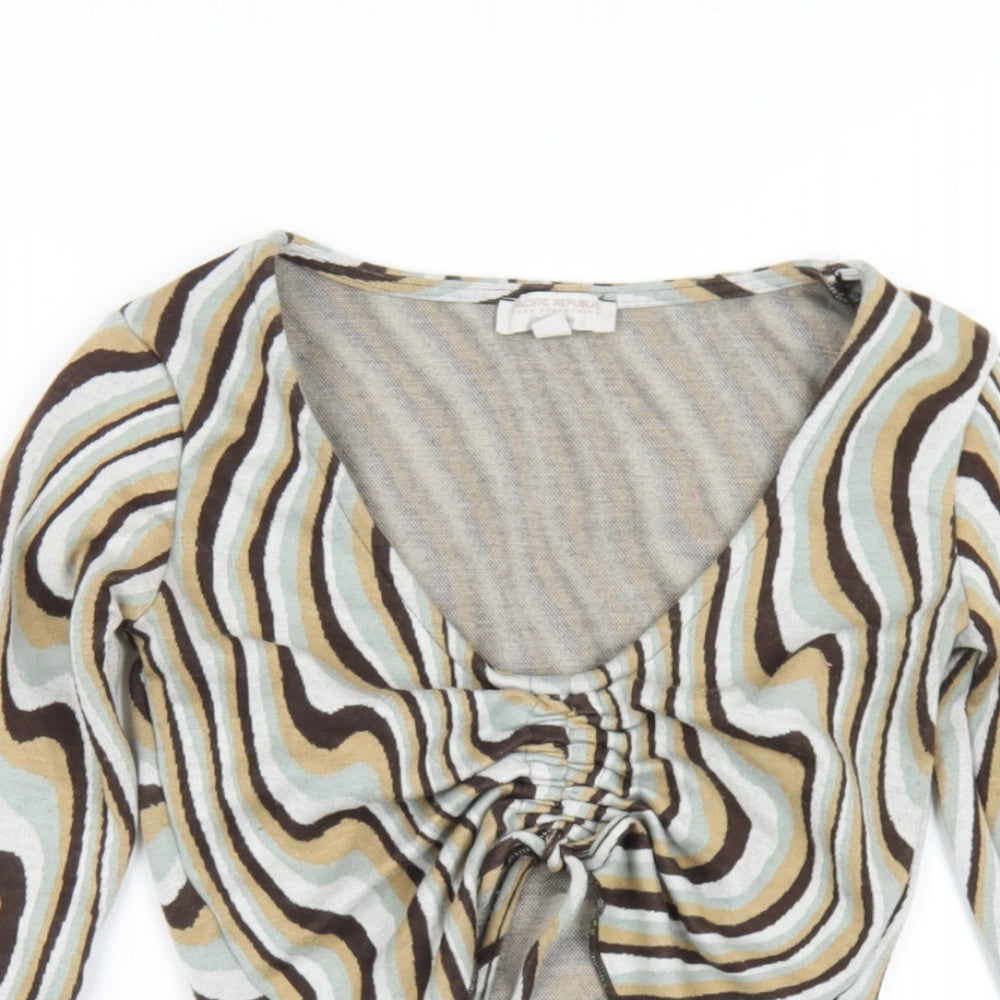 Pacific Republic Womens Multicoloured Geometric Polyester Cropped T-Shirt Size XS V-Neck