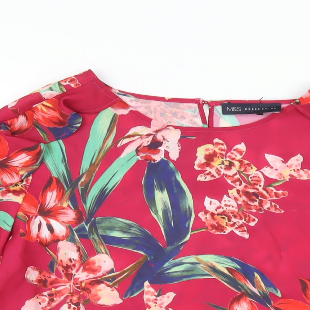 Marks and Spencer Womens Red Floral Polyester Basic Blouse Size 16 Round Neck