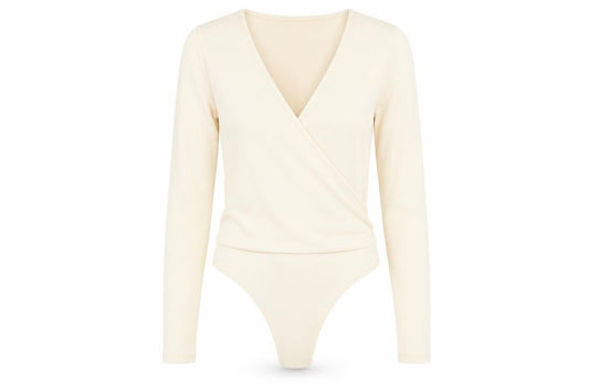 Front view of In the Style women’s ivory polyester bodysuit one-piece, size UK 8, snap