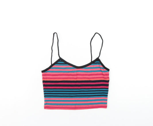 Topshop Womens Multicoloured Striped Polyester Cropped T-Shirt Size 8 V-Neck