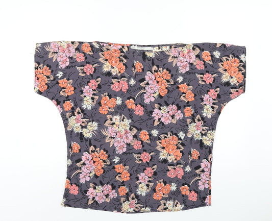 Zara Womens Grey Floral Polyester Basic T-Shirt Size M Boat Neck