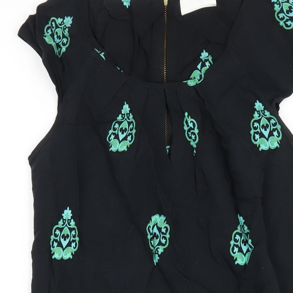 Wallis Womens Black Geometric Viscose A-Line Size 8 Round Neck Zip