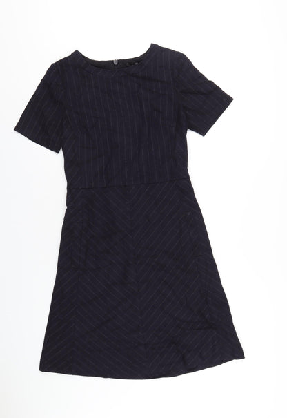 Next Womens Blue Striped Polyester A-Line Size 8 Round Neck Zip