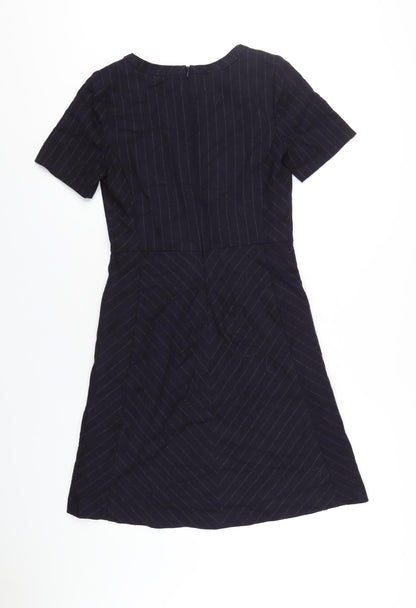 Next Womens Blue Striped Polyester A-Line Size 8 Round Neck Zip