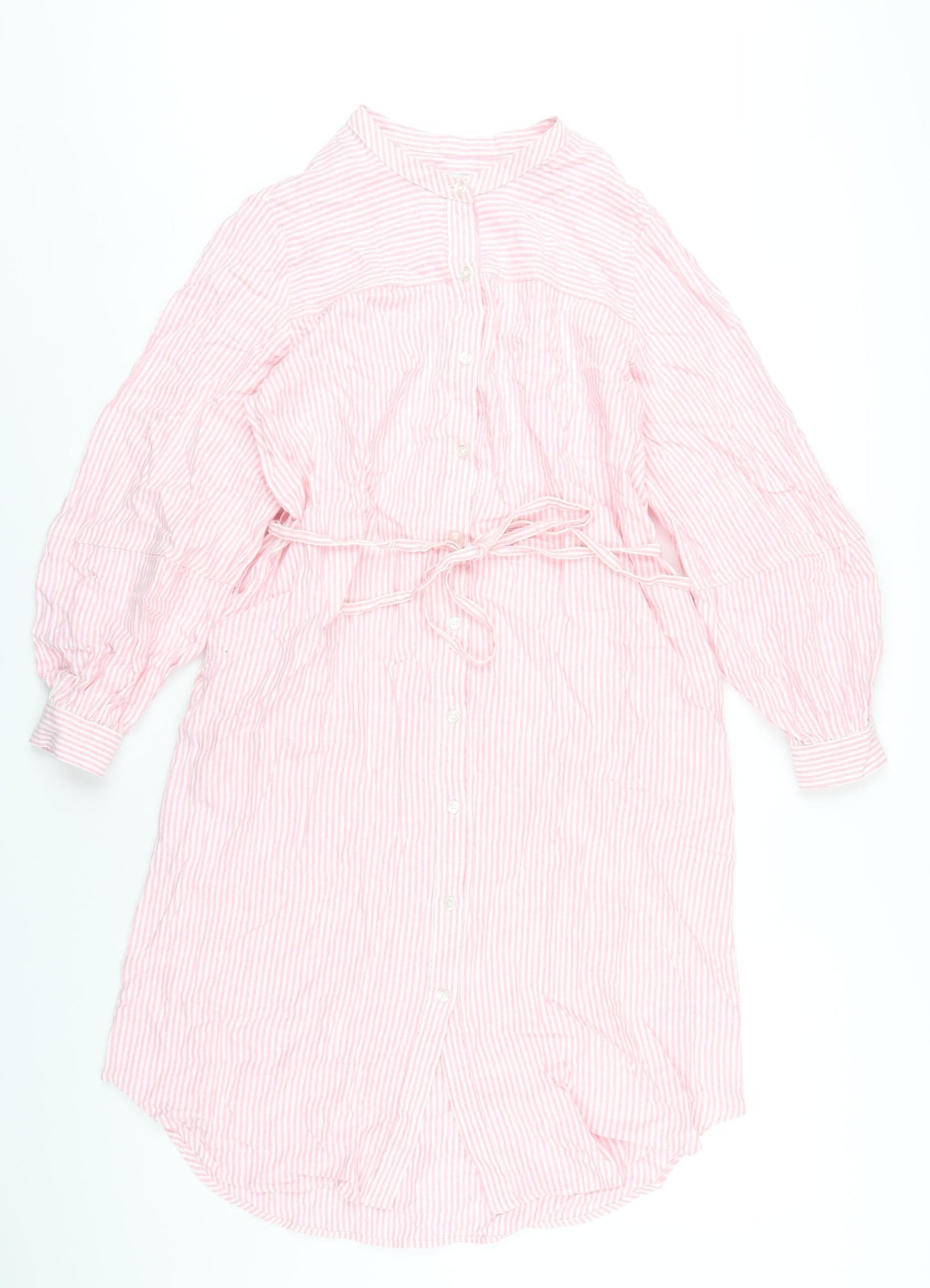 Marks and Spencer Womens Pink Striped Linen A-Line Size S Round Neck Button