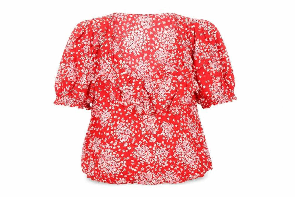 New Look Womens Red Floral Viscose Basic T-Shirt Size 10 V-Neck