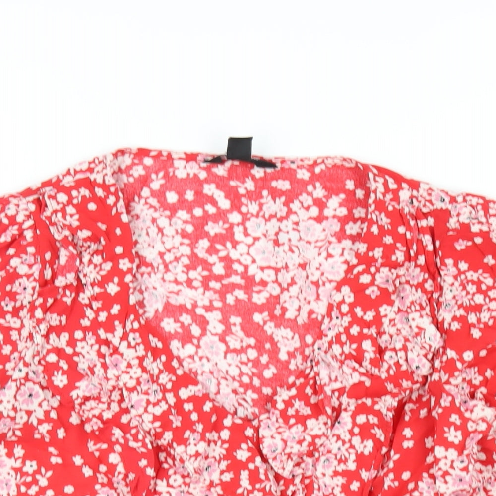 New Look Womens Red Floral Viscose Basic T-Shirt Size 10 V-Neck