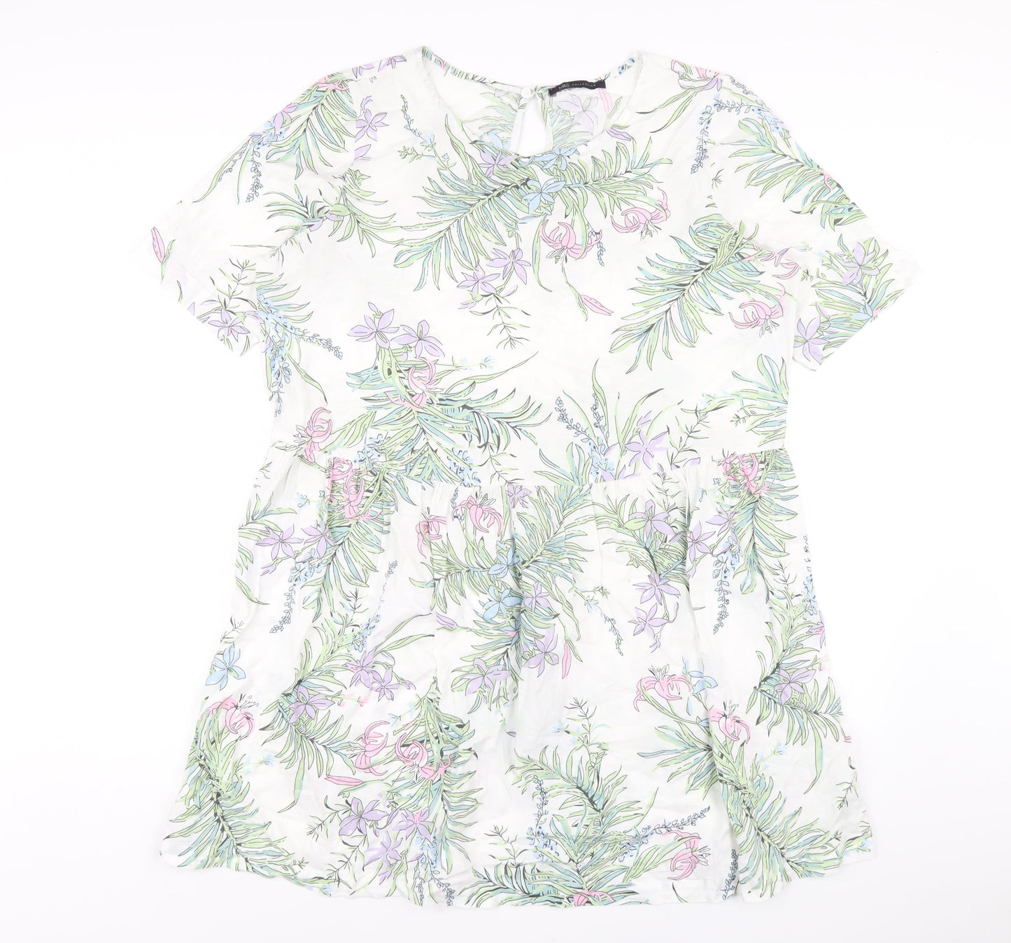 Marks and Spencer Womens White Geometric Cotton A-Line Size 16 Round Neck Button