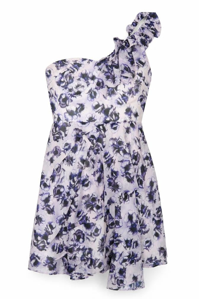 Topshop Womens Purple Geometric Polyester A-Line Size 10 One Shoulder Zip