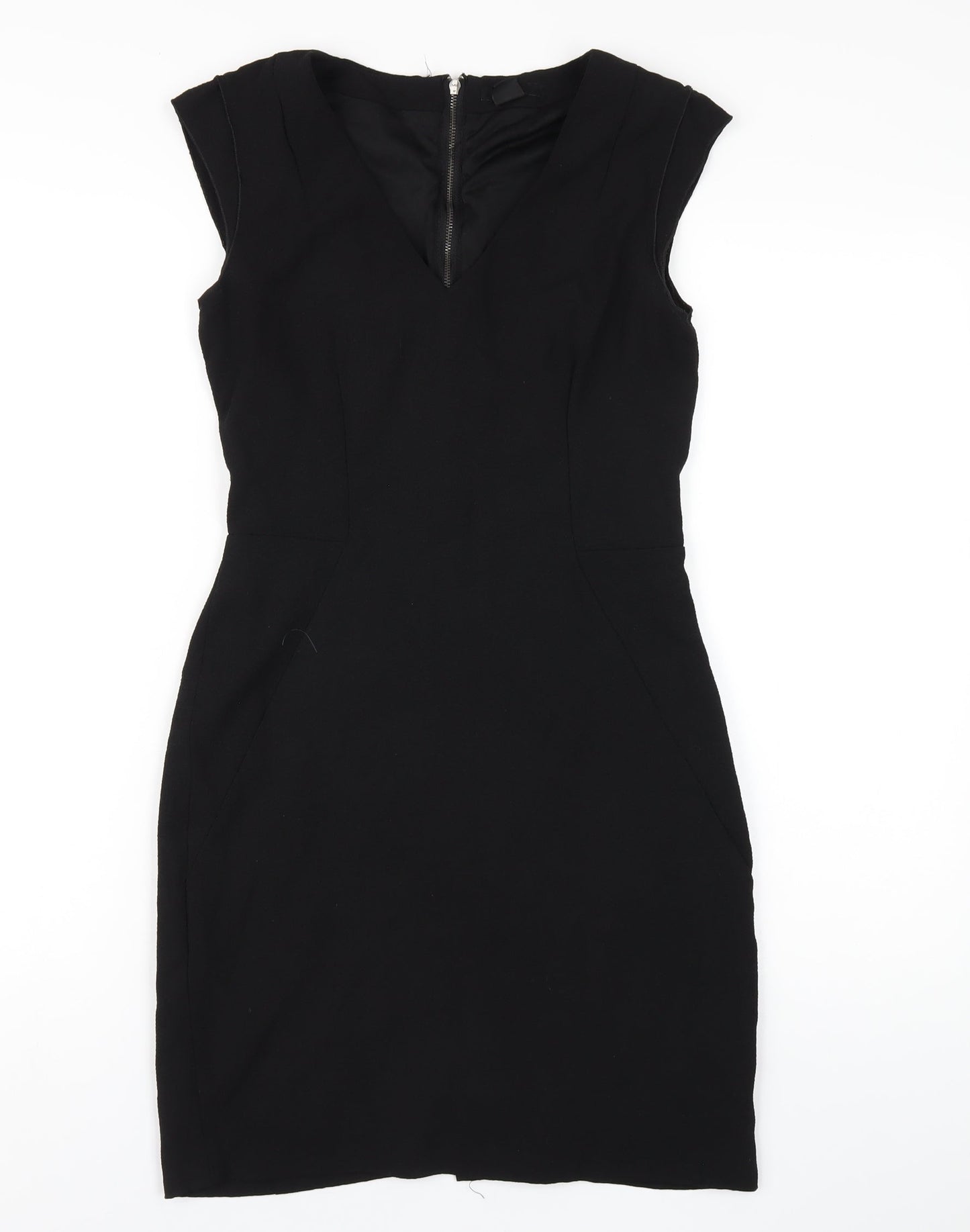 H&M Womens Black Polyester Pencil Dress Size 8 V-Neck Zip