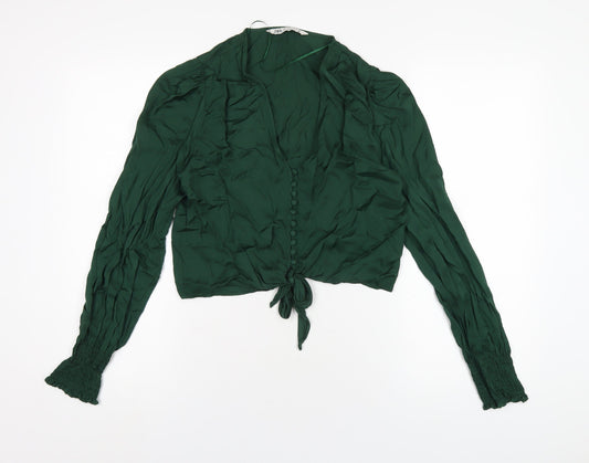 Zara Womens Green Viscose Cropped Blouse Size XS V-Neck