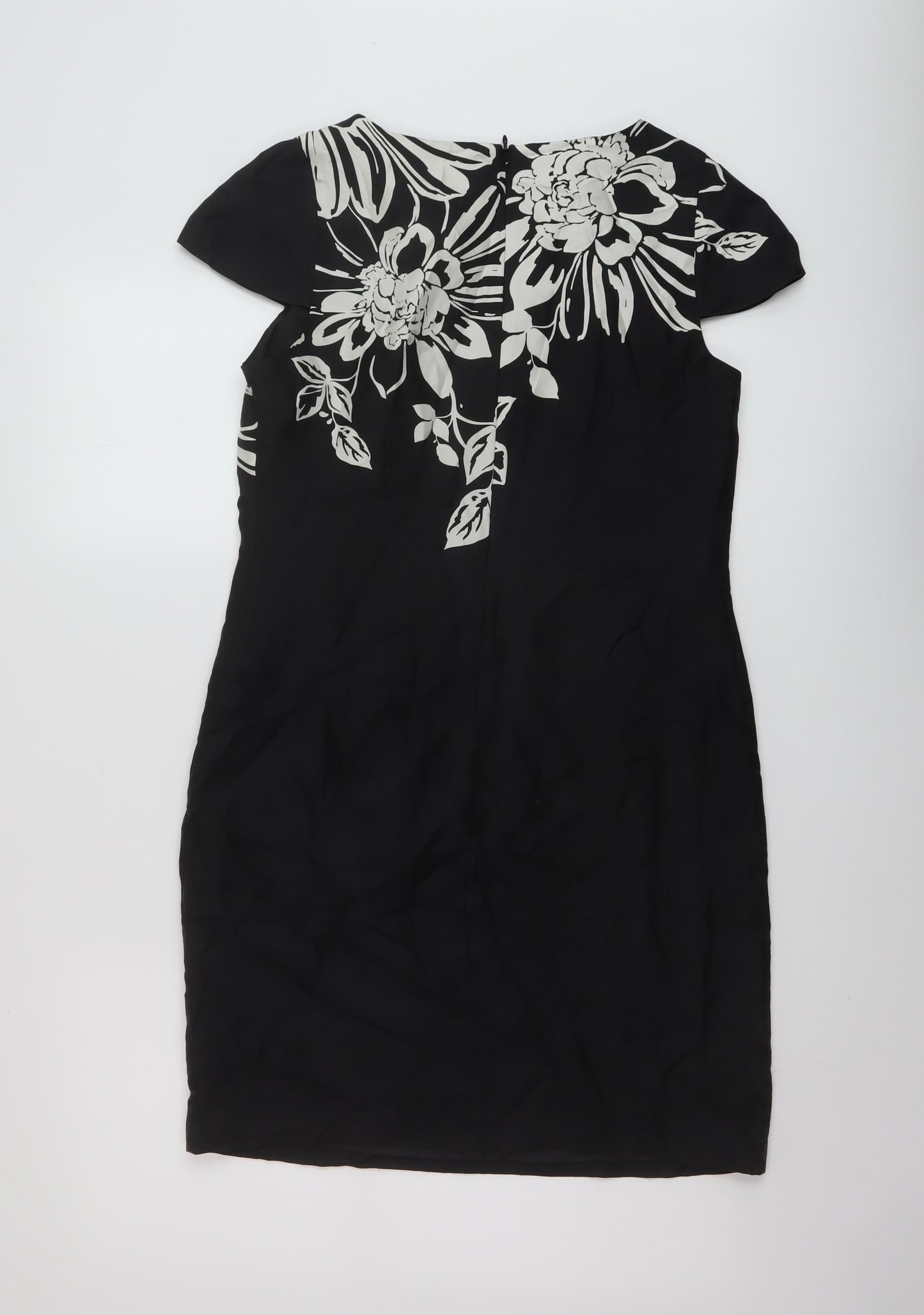 Oasis Womens Black Geometric Silk Sheath Size 10 Round Neck Zip