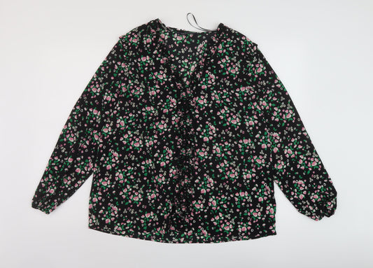 Marks and Spencer Womens Black Floral Polyester Basic Blouse Size 16 V-Neck