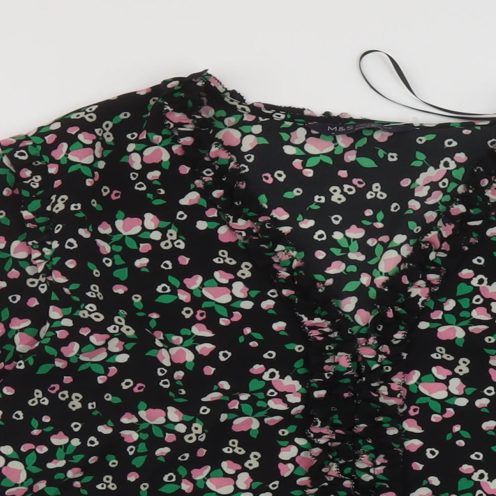Marks and Spencer Womens Black Floral Polyester Basic Blouse Size 16 V-Neck