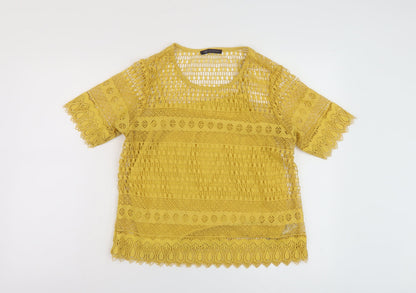 Marks & Spencer Womens Yellow Polyester Basic T-Shirt Size 10 Round Neck