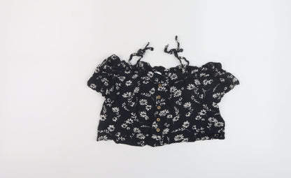 Additional front view of Next girls’ black floral viscose basic blouse, size 6, years square neck pullover