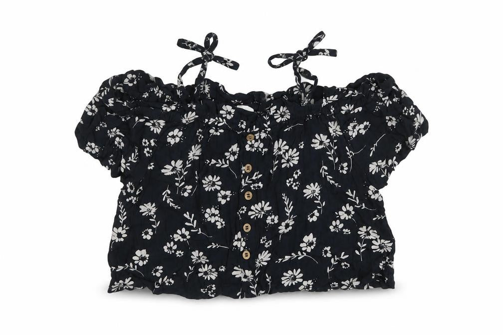 NEXT Girls Black Floral Viscose Basic Blouse Size 6 Years Square Neck Pullover