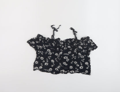 Back view of Next girls’ black floral viscose basic blouse, size 6, years square neck pullover