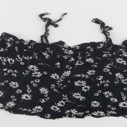 Brand and care label for Next girls’ black floral viscose basic blouse, size 6, years square neck pullover
