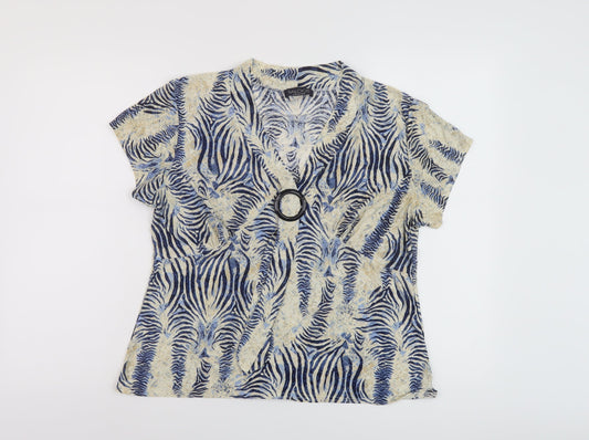 Saloos Womens Beige Animal Print Polyester Basic T-Shirt Size L V-Neck