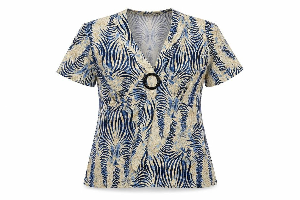 Saloos Womens Beige Animal Print Polyester Basic T-Shirt Size L V-Neck