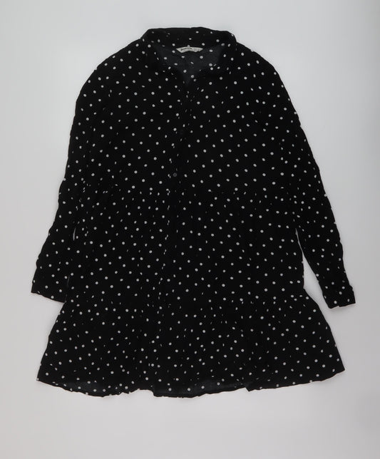 Stradivarius Womens Black Polka Dot Viscose A-Line Size M Collared Button