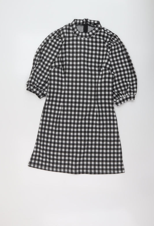 Sinsay Womens Black Check Polyester A-Line Size M Mock Neck Zip