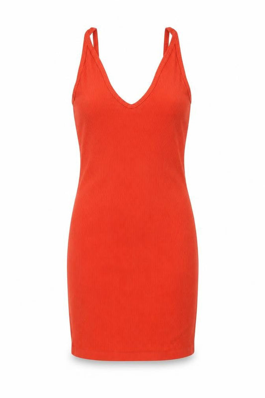 Front view of Missguided women’s orange polyamide mini, size S, v-neck pullover
