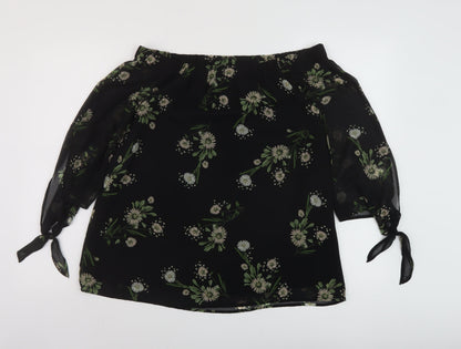 Marks & Spencer Womens Black Floral Polyester Basic Blouse Size 10 Square Neck