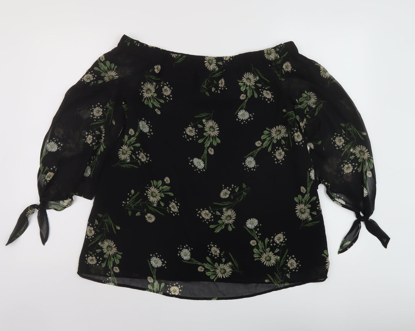 Marks and Spencer Womens Black Floral Polyester Basic Blouse Size 10 Square Neck