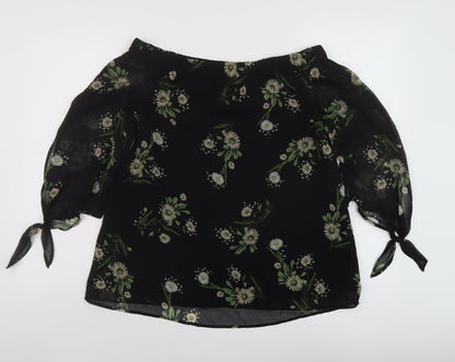 Marks & Spencer Womens Black Floral Polyester Basic Blouse Size 10 Square Neck