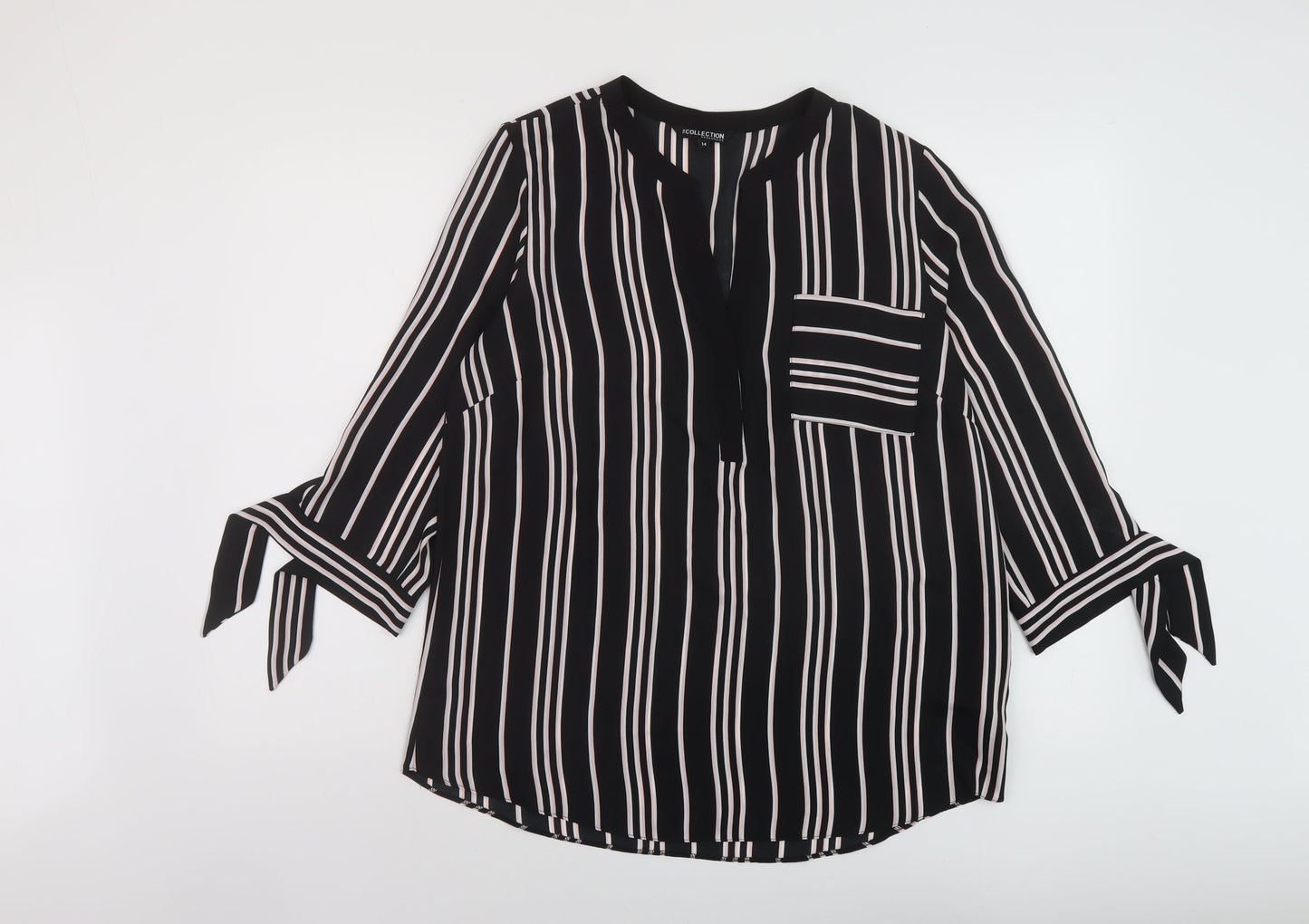 Debenhams Womens Black Striped Polyester Basic Blouse Size 14 V-Neck