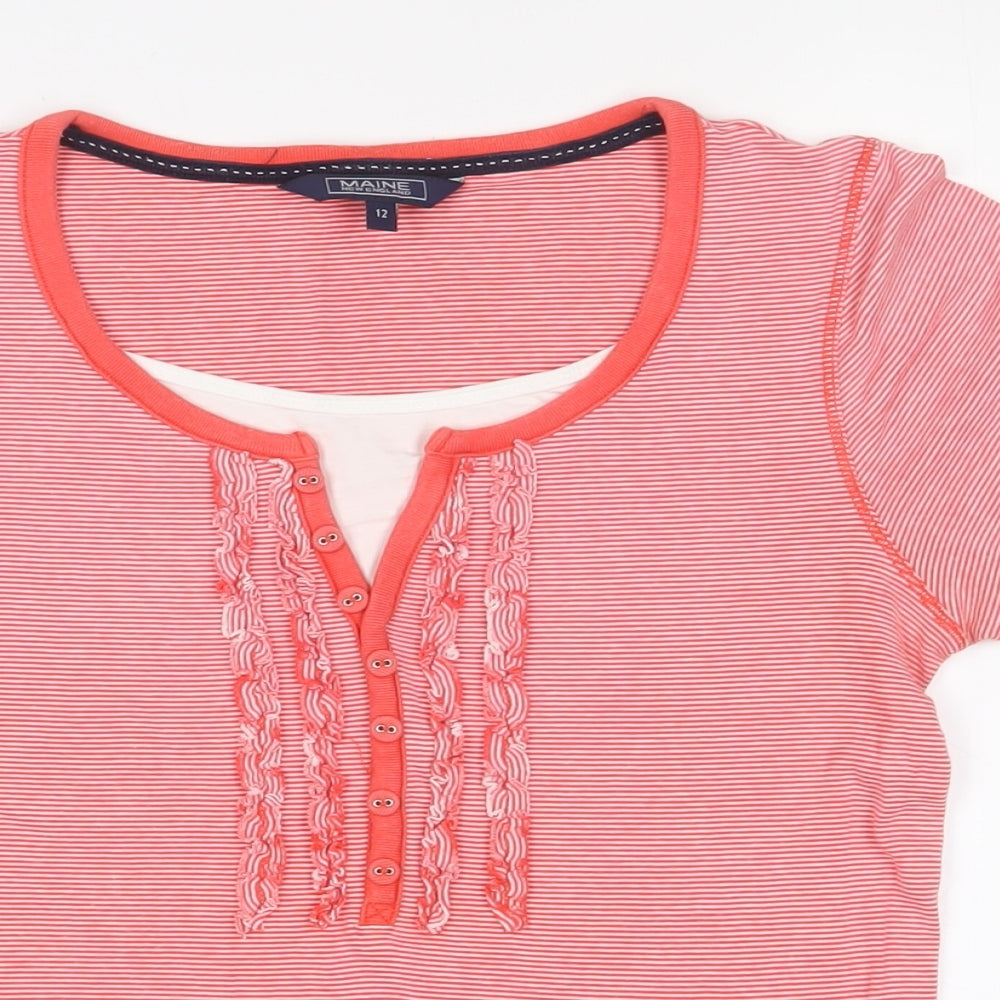 Maine Womens Red Striped Cotton Basic T-Shirt Size 12 Crew Neck - Embroidered, Buttons