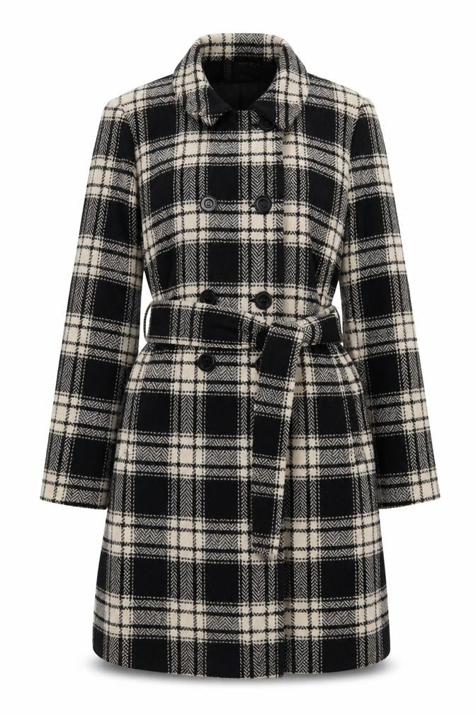 EWM Womens Black Plaid Overcoat Coat Size 16 Button - Belted
