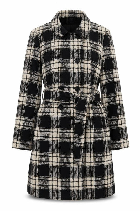 EWM Womens Black Plaid Overcoat Coat Size 16 Button - Belted