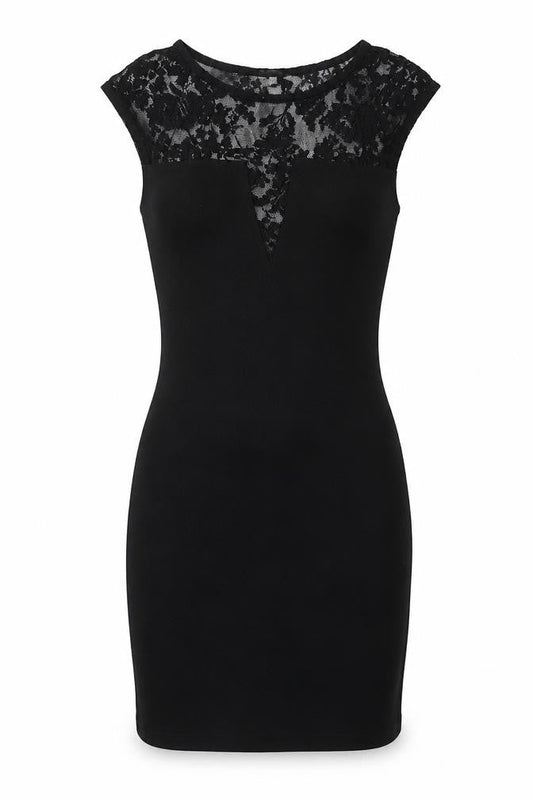 River Island Womens Black Cotton Pencil Dress Size 8 Round Neck - Lace Detail