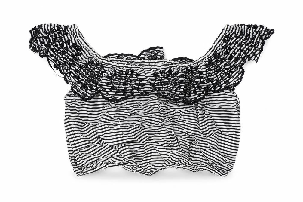 Miss Selfridge Womens Black Striped Polyester Cropped Blouse Size 12 Off the Shoulder - Embellished Collar