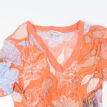 Close-up detail of Autograph women’s multicoloured floral cupro basic t-shirt, size UK 6, v-neck