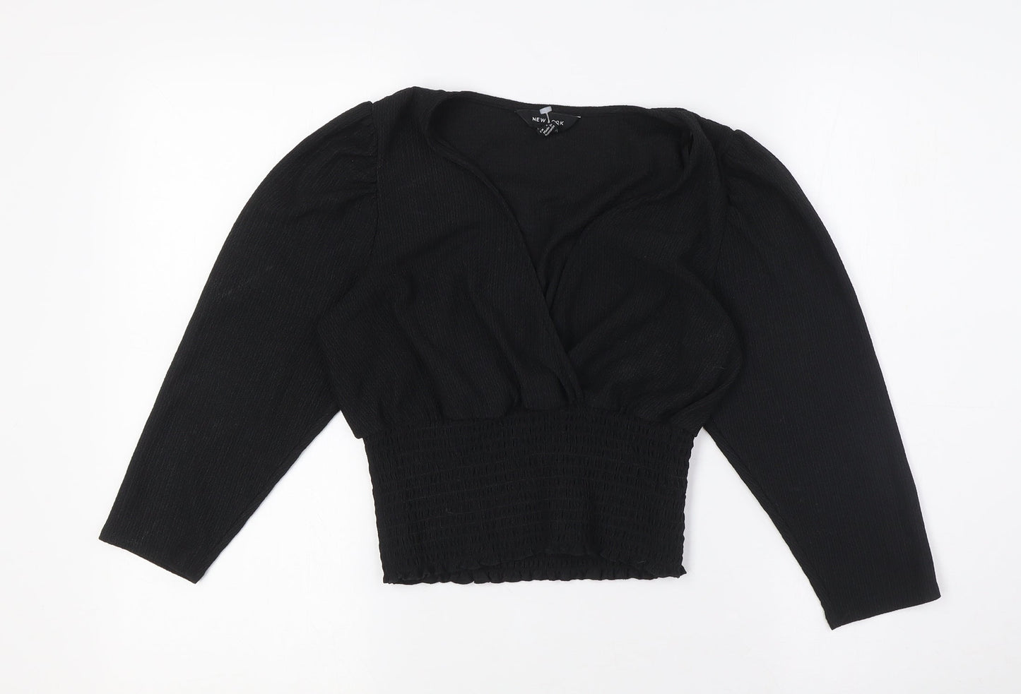 New Look Womens Black Polyester Cropped Blouse Size 10 V-Neck - Smocked Waist Band