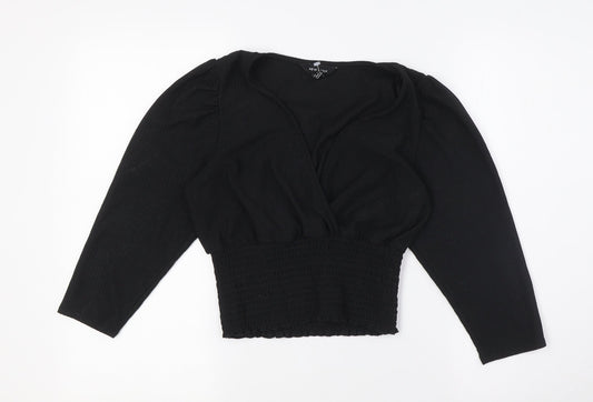 New Look Womens Black Polyester Cropped Blouse Size 10 V-Neck - Smocked Waist Band