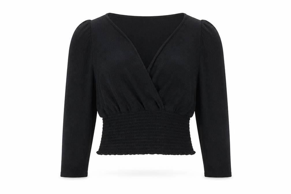 New Look Womens Black Polyester Cropped Blouse Size 10 V-Neck - Smocked Waist Band