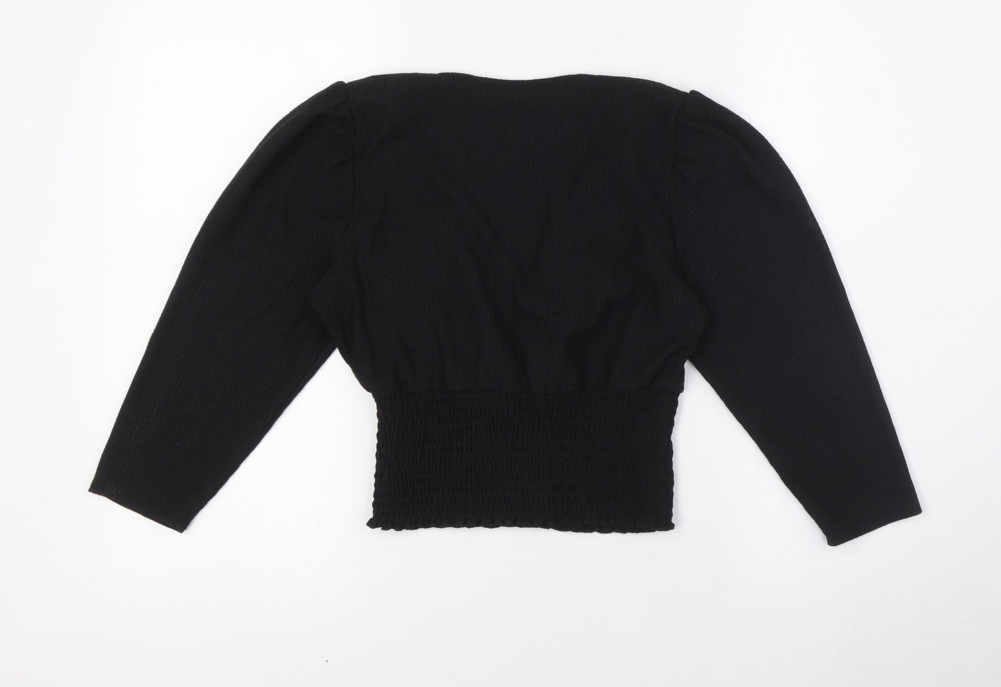 New Look Womens Black Polyester Cropped Blouse Size 10 V-Neck - Smocked Waist Band
