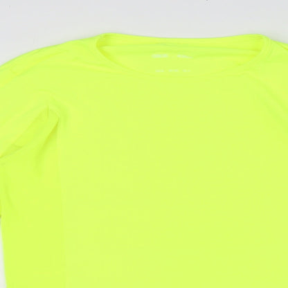 Close-up detail of ASOS women’s yellow polyester basic t-shirt, size UK 8, round neck - fluorescent