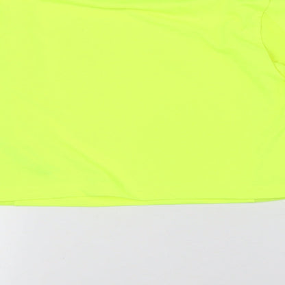 Brand and care label for ASOS women’s yellow polyester basic t-shirt, size UK 8, round neck - fluorescent