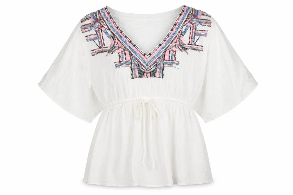 River Island Womens White Herringbone Viscose Basic Blouse Size M V-Neck - Embellished Neck
