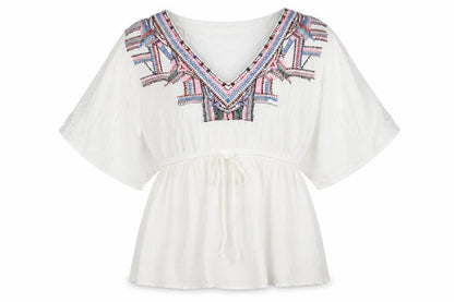 River Island Womens White Herringbone Viscose Basic Blouse Size M V-Neck - Embellished Neck