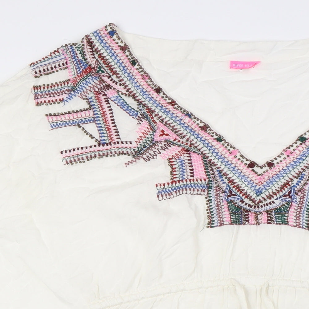 River Island Womens White Herringbone Viscose Basic Blouse Size M V-Neck - Embellished Neck