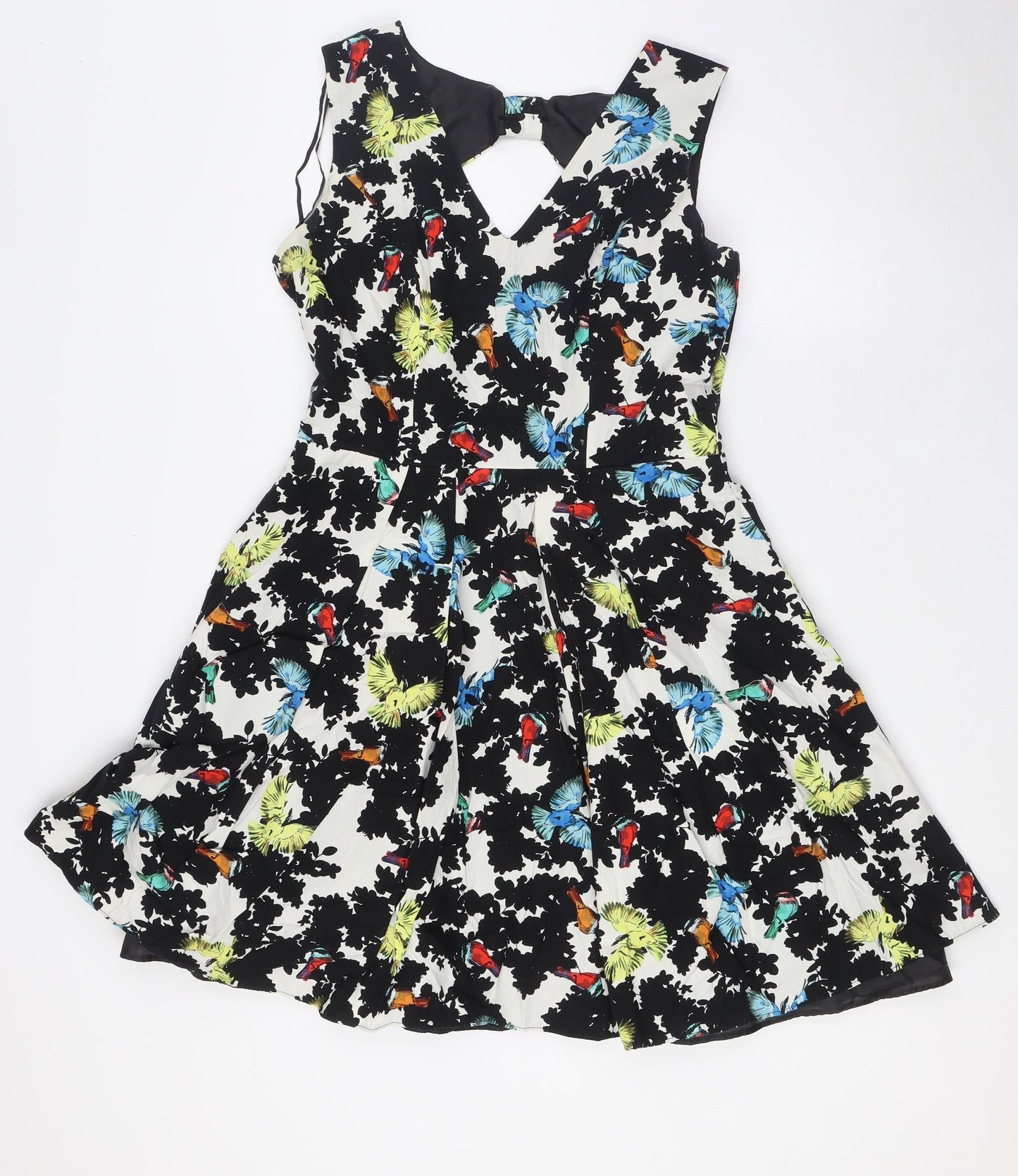 Red Herring Womens Multicoloured Floral Cotton A-Line Size 12 Round Neck Zip - Bow Back Detail