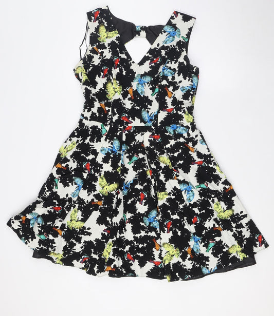 Red Herring Womens Multicoloured Floral Cotton A-Line Size 12 Round Neck Zip - Bow Back Detail