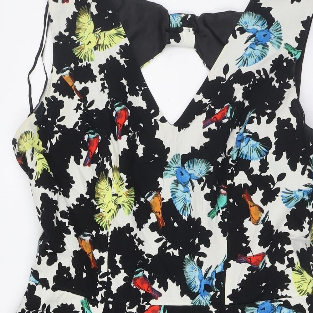 Red Herring Womens Multicoloured Floral Cotton A-Line Size 12 Round Neck Zip - Bow Back Detail